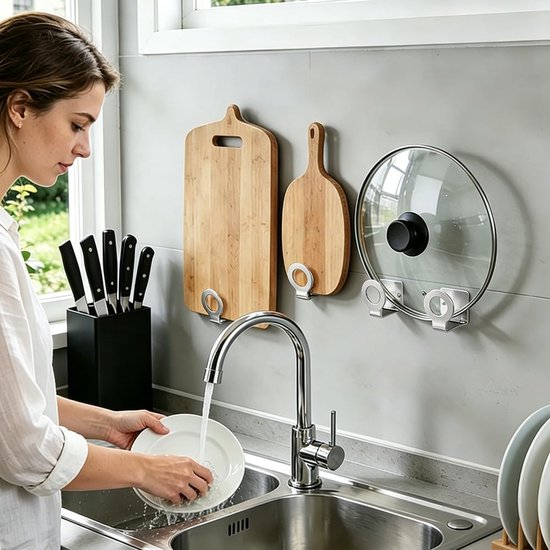 2 Set Wandmontage Snijplank Houder 201 Rvs Snijplank Rack Opknoping Pot Deksel Houders Onder Kast Snijplanken Opslag Rack Hanger Organizer voor Thuis Keuken — afbeelding 4