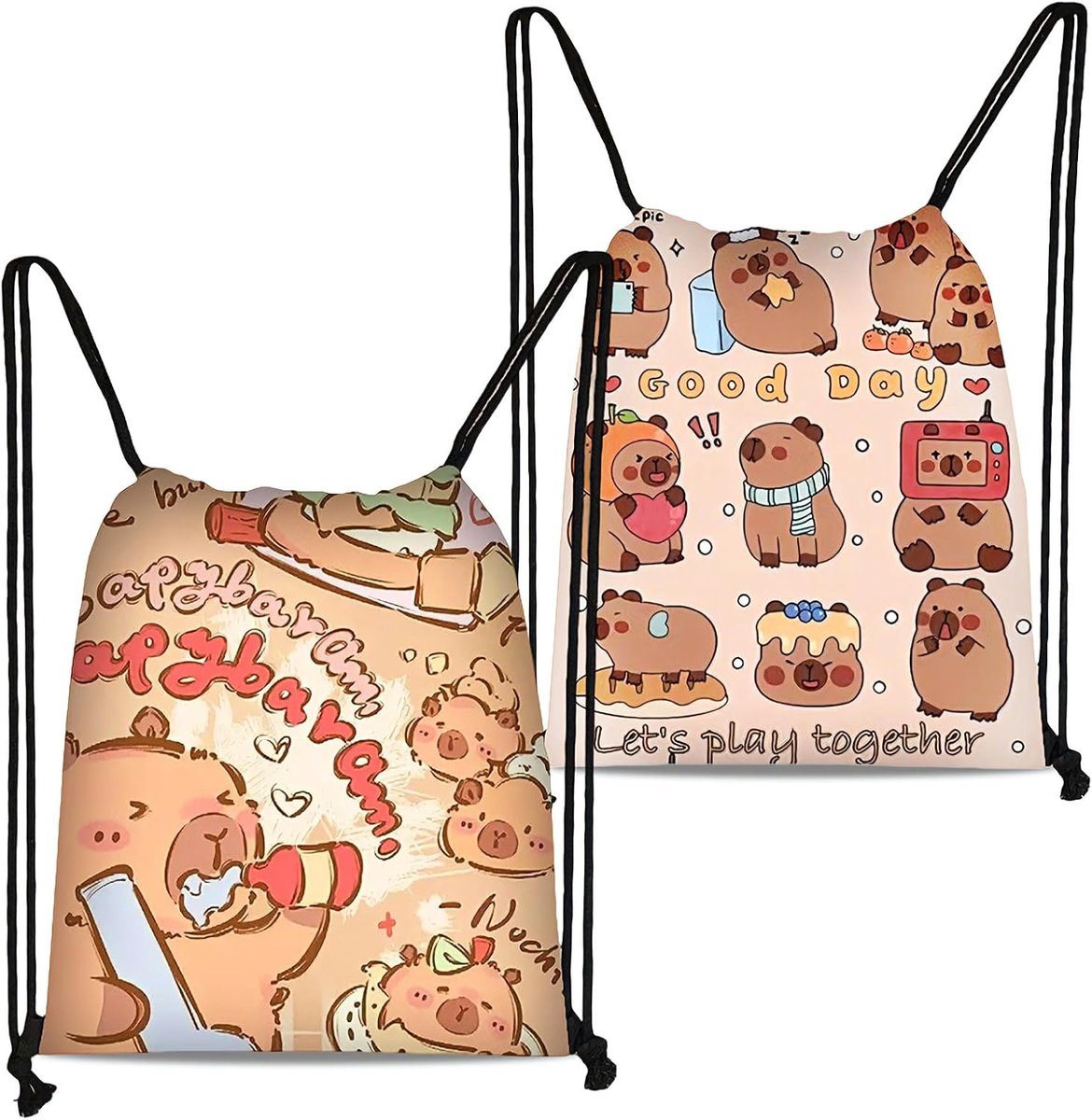 2-delige Set Capybara Trekkoord Rugzak – Warm Beige en Lichtroze met Cartoonprint, Zwart Trekkoord & Banden, Lichtgewicht Sporttas voor Vrouwen Meisjes