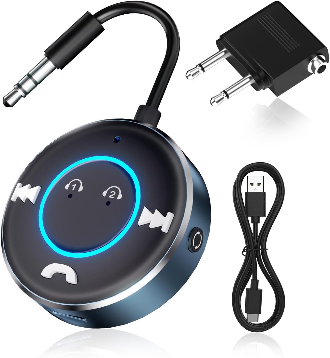 Bluetooth 5.3 Adapter 2 in 1, Zender en Ontvanger met 3.5mm Jack, voor TV, Telefoon, Auto en Vliegtuig, Verbind Twee Hoofdtelefoons Tegelijk