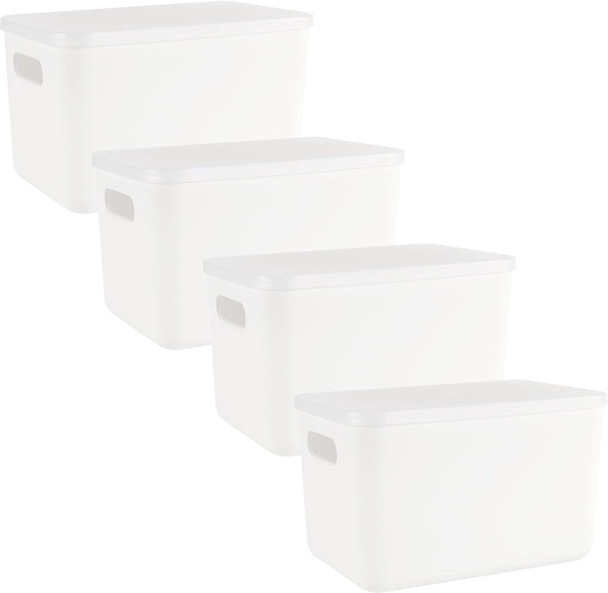 4 stuks Opbergdoos Wit met Deksel, 26 x 18,5 x 16 cm Kunststof Opbergmand met Handgrepen, Rechthoekige Opbergdozen Organizer Box voor Badkamer, Keuken