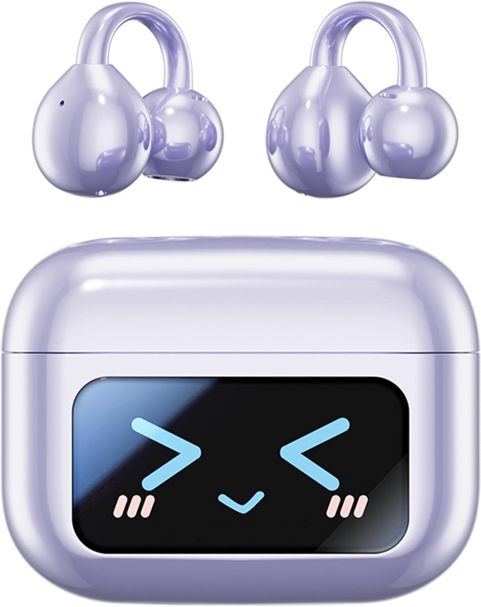 Open Ear Bluetooth Oordopjes - Bluetooth 5.4 - Draadloze Sport Oortjes met LED Touchscreen - Waterbestendig - Open Ear Clip Design - Geschikt voor Android, iOS, Tablet, Laptop en Smartphone - Paars