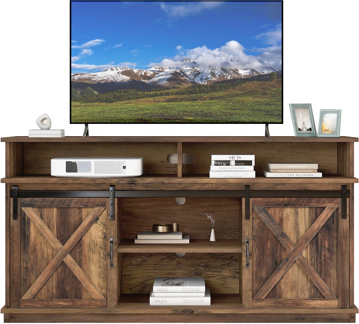 tv meubel met schuurdeuren - Voor woonkamer en eetkamer - 148 cm breed - Rustiek bruin - Verstelbare legplanken - Schuurdesign - Geschikt voor 65 inch tv