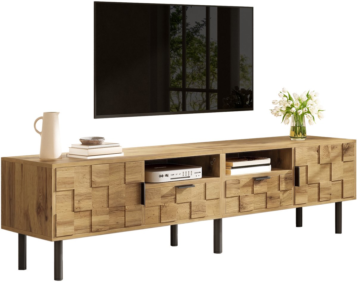 tv meubel Mozaïek Natuur-Zwart 160 cm - 2 deuren, 2 lades en open vakken - Geïntegreerd kabelmanagement - Stabiele metalen poten - Geschikt voor grote tv's