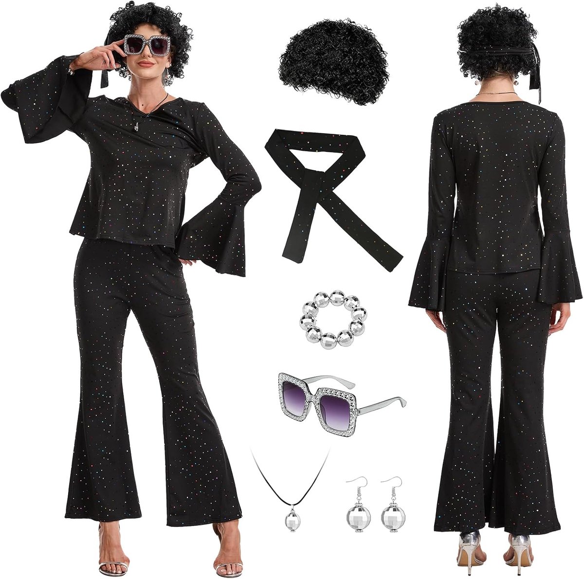 9-delige discooutfit voor dames, jaren 60/70-kostuum voor dames, met top en broek, accessoires voor carnaval, Halloween, feestjes