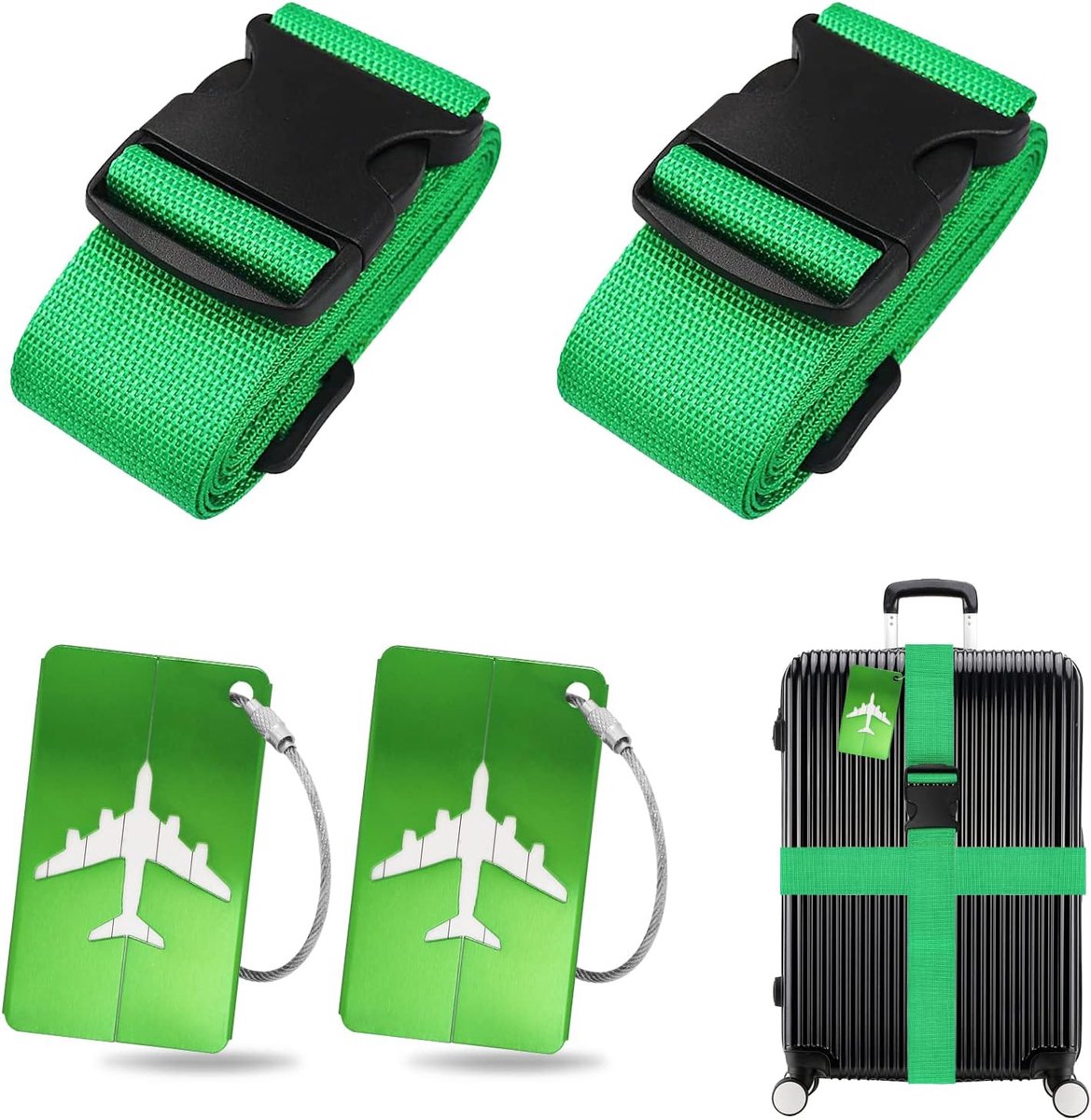 Kofferlabelset, 2 stuks bagagebanden met 2 stuks bagagelabelset, kofferband, gepersonaliseerde identificatie voor snel herkennen van bagage, reistas, koffer (donkergroen)