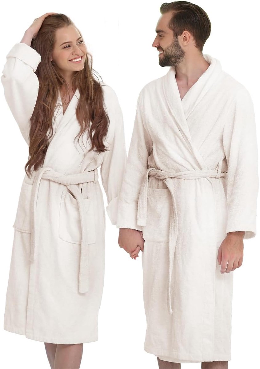 Badjas van badstof, 100% katoen met capuchon, badjas voor dames en heren, maat M, crème