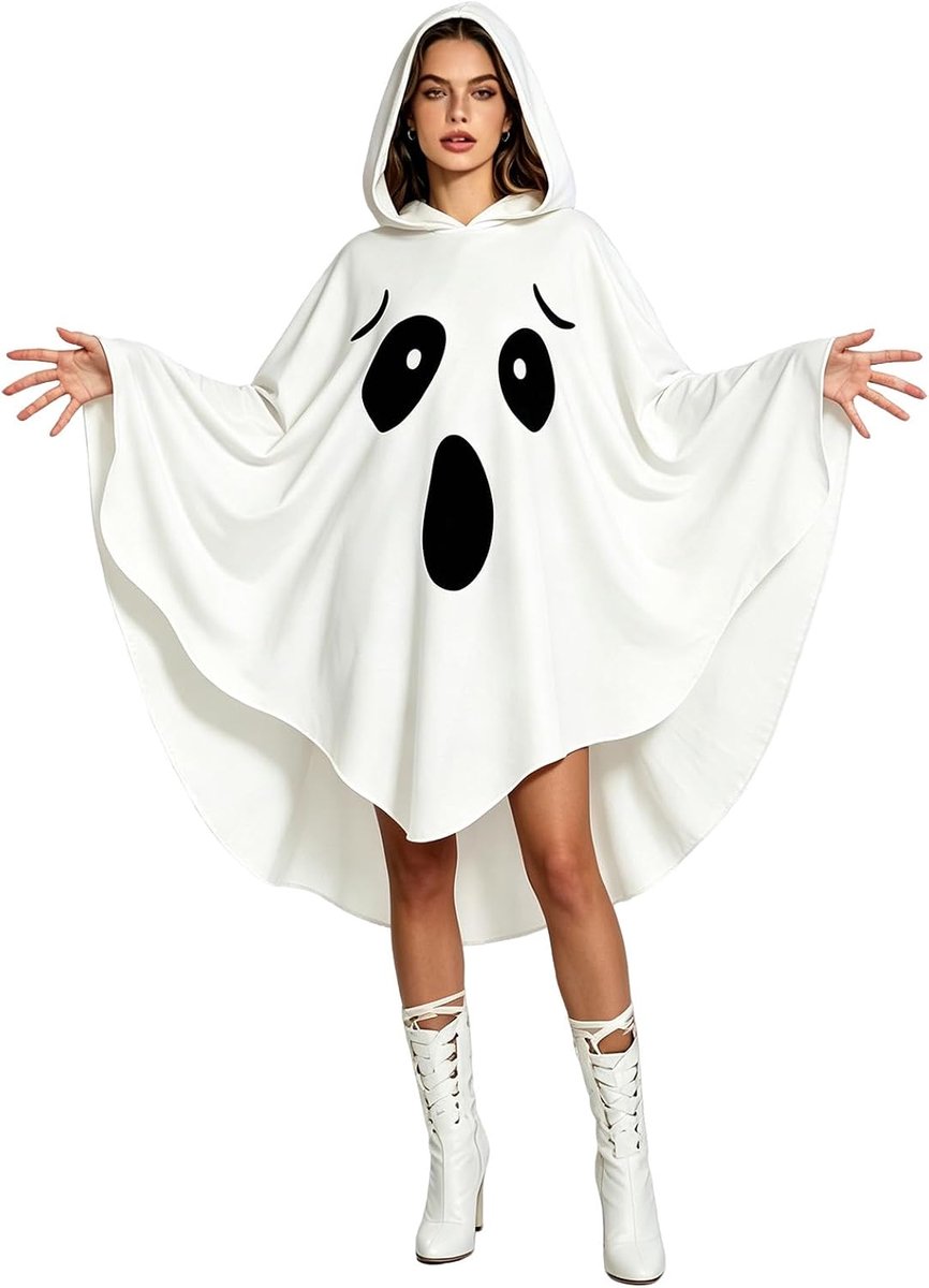 Halloweenkostuum voor volwassenen, geestkostuum voor dames, witte cape jurk met capuchon, griezelige poncho, eenheidsmaat, carnavalsfeestjurk voor cosplay, griezelig feest