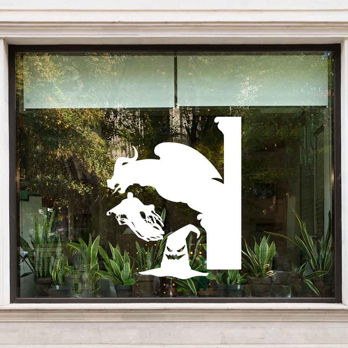 Draak raamsticker met schedel en heksenhoed - Zwart - 60 x 60 cm