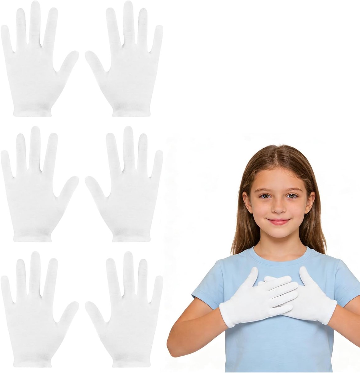 3 paar witte handschoenen kinderen, katoenen herbruikbaar wasbaar voor eczeem droge handen, feest, cosplay, kostuum, jongens meisjes