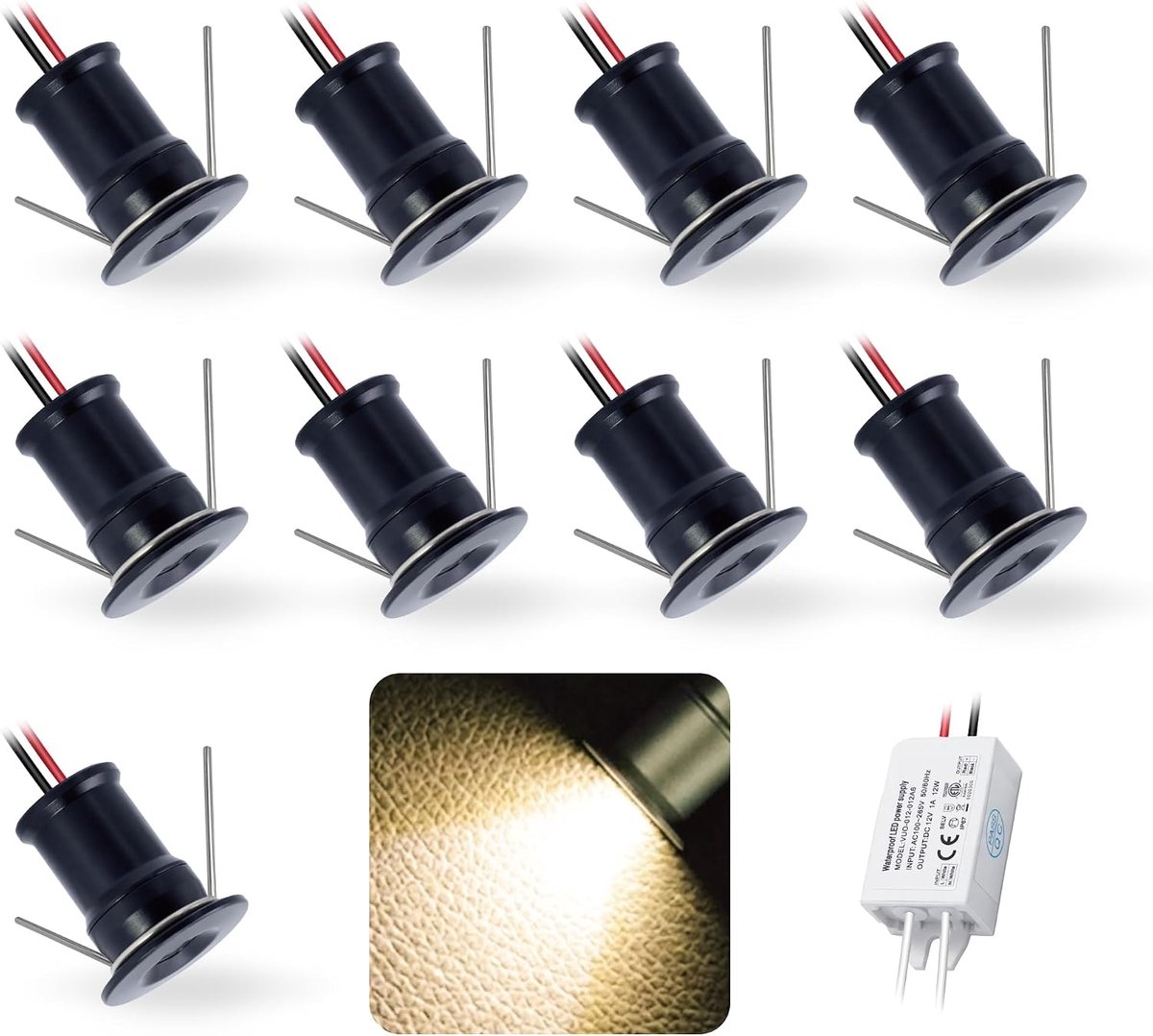 9 stuks 12V 1W Mini LED Inbouwspot, IP65 Waterbestendige Kleine Ronde Inbouwspot, 15mm Plintverlichting voor Kasten Vitrines Wanden Keuken Trappenhuizen en Badkamers(Zwart Warm Wit 30°)