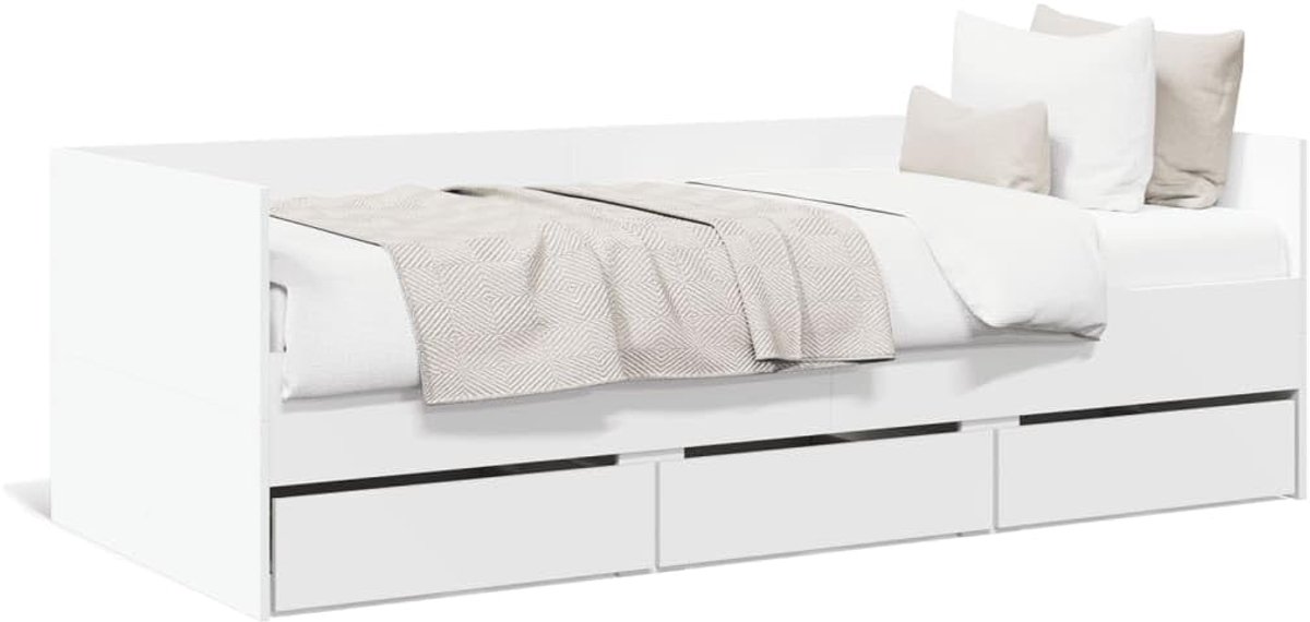 J3280832 Slaapbank met laden, wit, 75 x 190 cm, van meerlaags hout, structuur, bedframe, eenpersoonsbed, tweepersoonsbed, bedframe, modern, bed met lattenbodem, wit