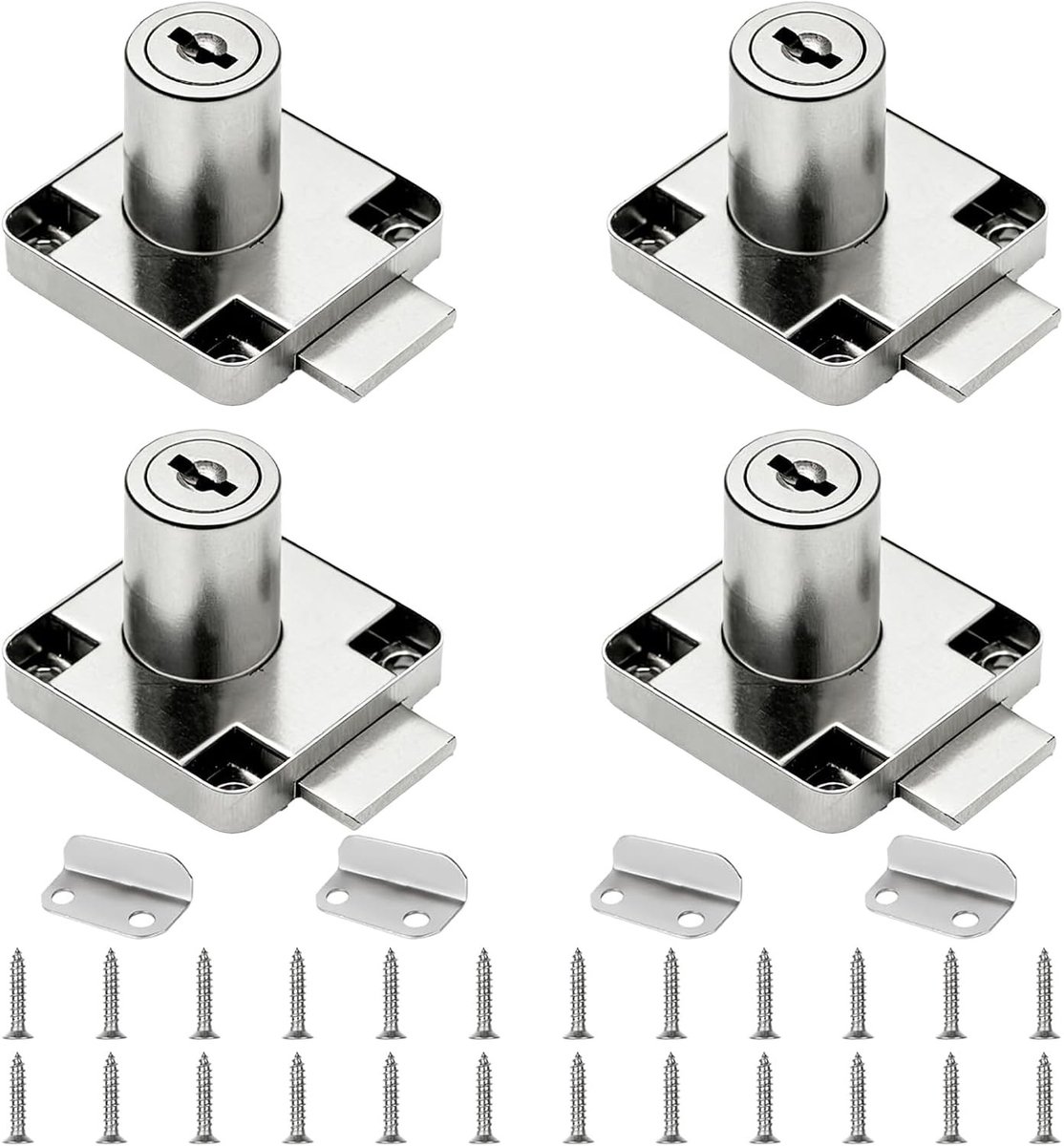 Set van 4 Meubelsloten, 22 mm Zilver Staal met Sleutel, Schroefslot voor Meubels, Lades en Kasten