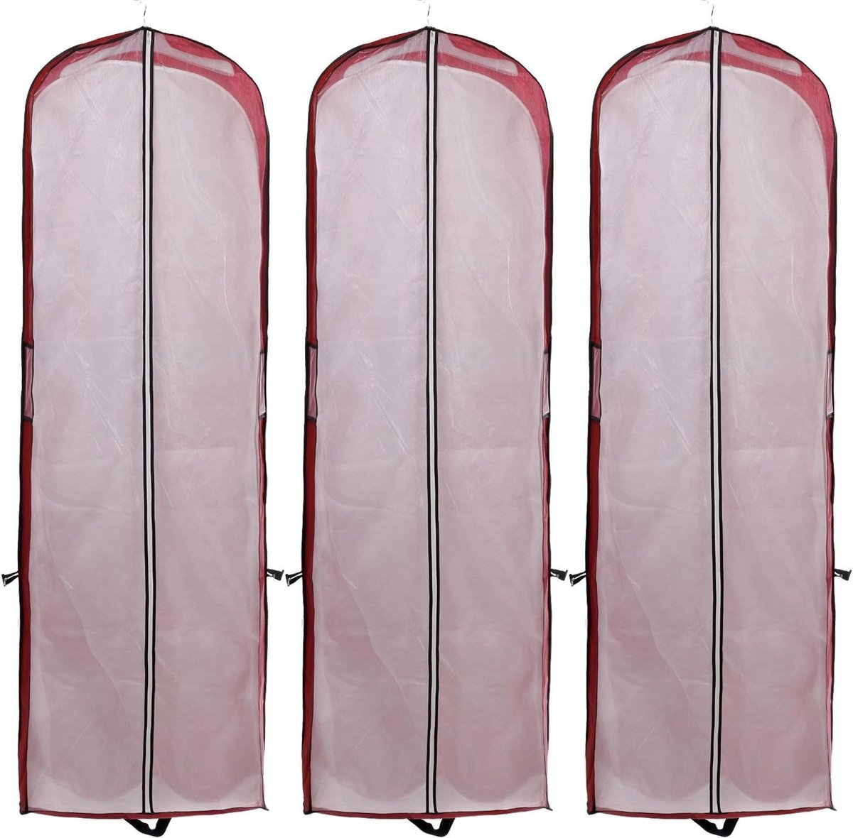 3 Stuks Ademende Opvouwbare Kledinghoes Beschermhoes 150 cm lang, voor Jurken/Avondjurken/Pakken/Jassen, met Lange Ritssluiting en Twee Zakken voor Accessoires, Donkerrood KXB1007-darkred-3x