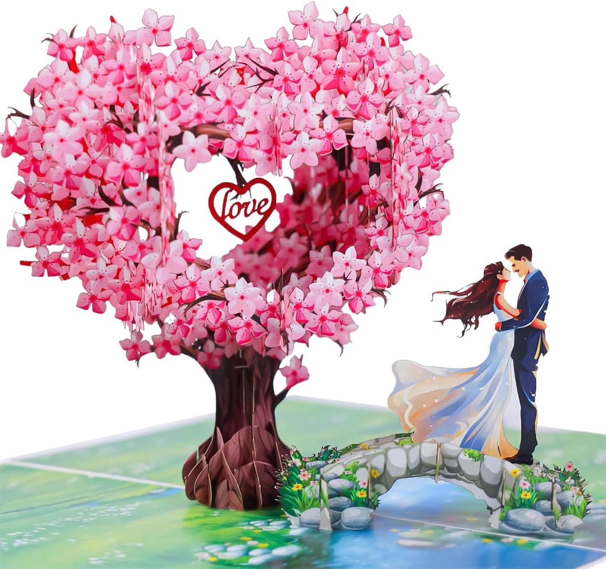 3D-bruiloftskaart, 3D-hartboomkaart, romantische wenskaart, pop-up kaart voor bruiloft met envelop, kaarten voor bruiloft, Valentijnsdag, rood