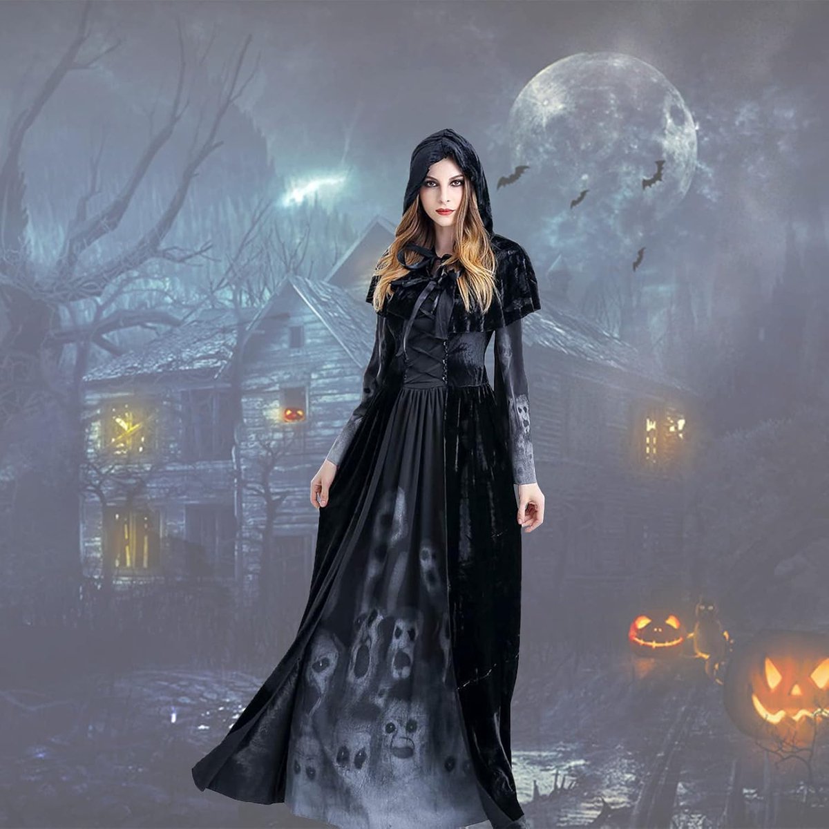 Heksenkostuum voor dames, Halloween, damesjurk, kostuum, cosplay, zombiekostuum, heks met capuchon, gewaad, dames lange mouwen, vampierjurk, zwart, heksencape, lange robe, kostuums voor