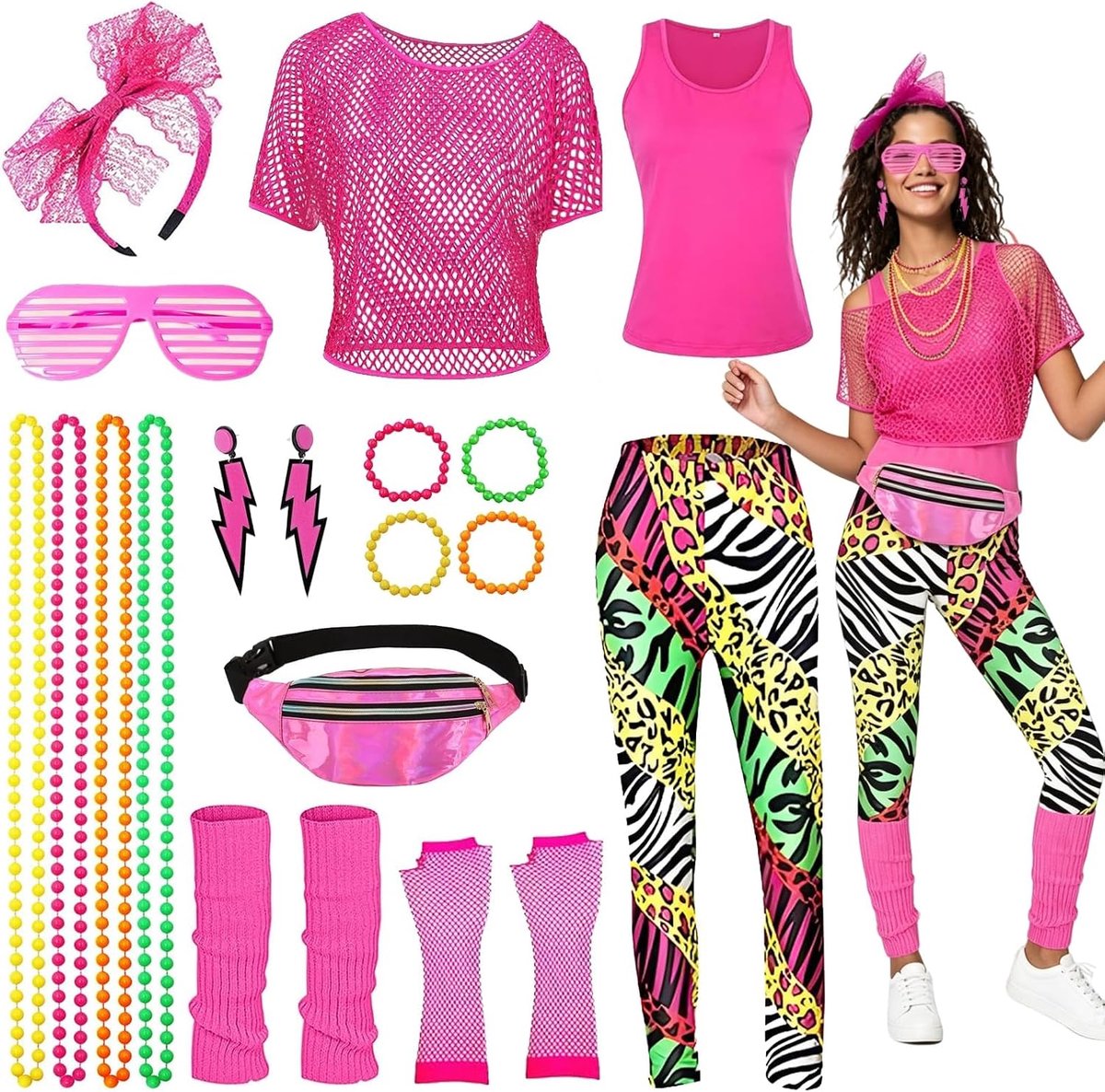 80-kostuum voor dames, discokostuum voor dames, accessoires met T-shirt, mesh, leggings, heuptas, halskettingen, armbanden, handschoenen, outfit jaren 80, voor cosplay, carnaval