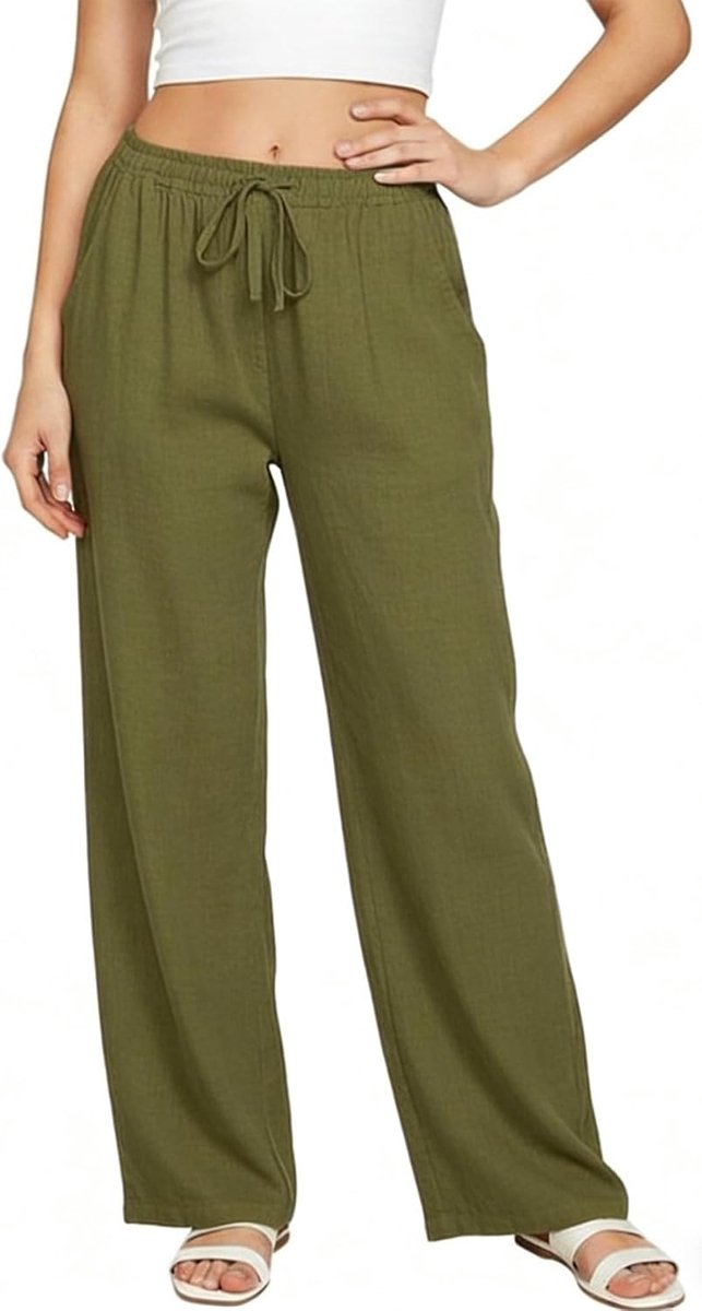 Zomerbroek voor dames, casual, katoenen linnen, hoge taille, elastisch, lange broek, comfortabel, licht, vloeiend, brede strandbroek met zakken