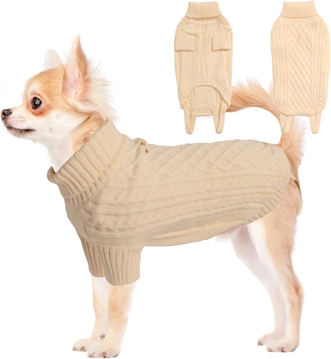 Rolkraag Gebreide Hondentrui met Riemgat, Winter Warme Puppytruien voor Kleine Honden, Koud Weer Gebreide Kleding voor Minpin, Chihuahua, Worst, Yorkshire, Beige, XS