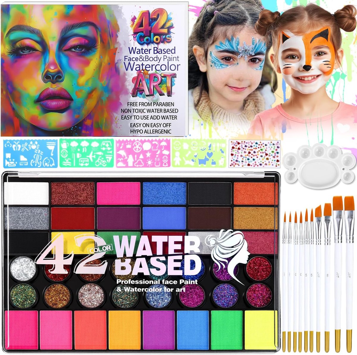 Make-up set, kindermake-up set, met 10 penselen, 4 tatoeage-sjablonen en glittersteentjes stickers, bodypainting kleuren, gezichtskleuren kindermake-up, voor Halloween, carnaval