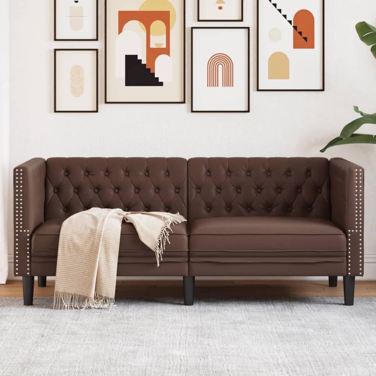 2-zits, bruin, kunstleer, gestoffeerde stoel met knoopstiksels, voor woonkamer en kantoor, duurzaam, vuilafstotend, comfortabel zitmeubel, elegant design