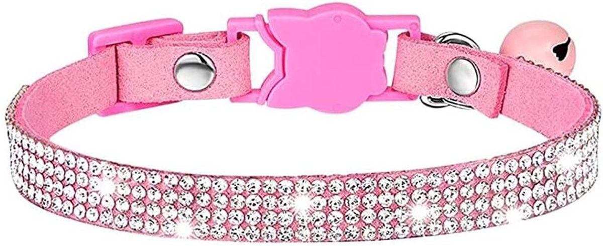 Honden- en kattenhalsbanden met bel, bling huisdier/puppyhalsbanden met zachte fluwelen kristallen halsbanden meisje juwelen ketting (roze)