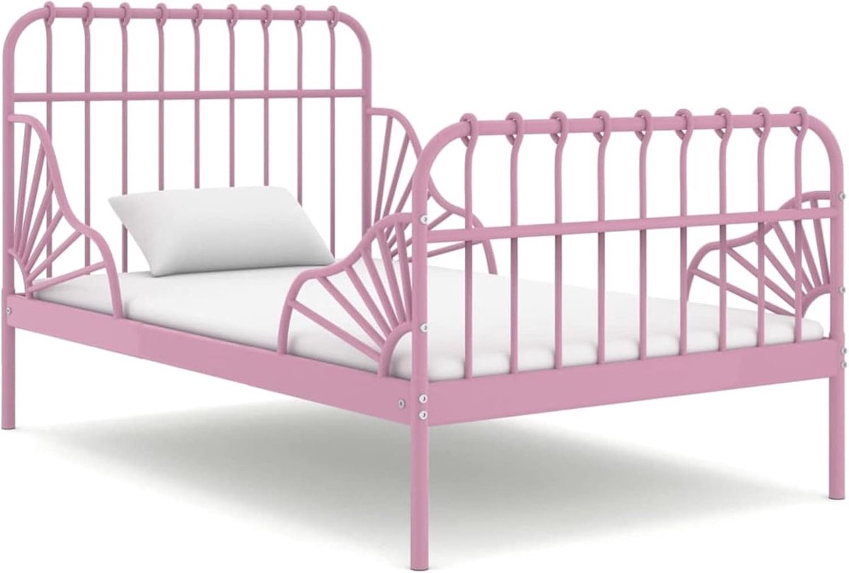 Uittrekbaar bedframe van metaal, bedframe met lattenbodem, bed, huis, slaapkamer, roze, 80 x 130/200 cm