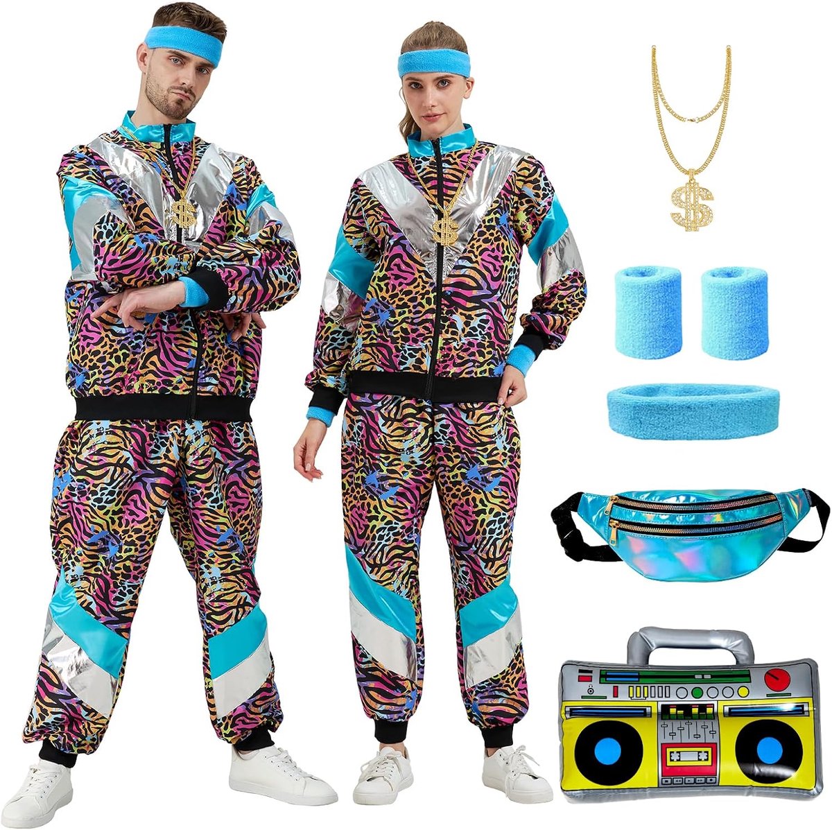 80 en 90-outfit voor heren en dames, jaren 80-trainingspak, retro trainingspak voor mannen en vrouwen, retro discokostuum voor carnaval, feest