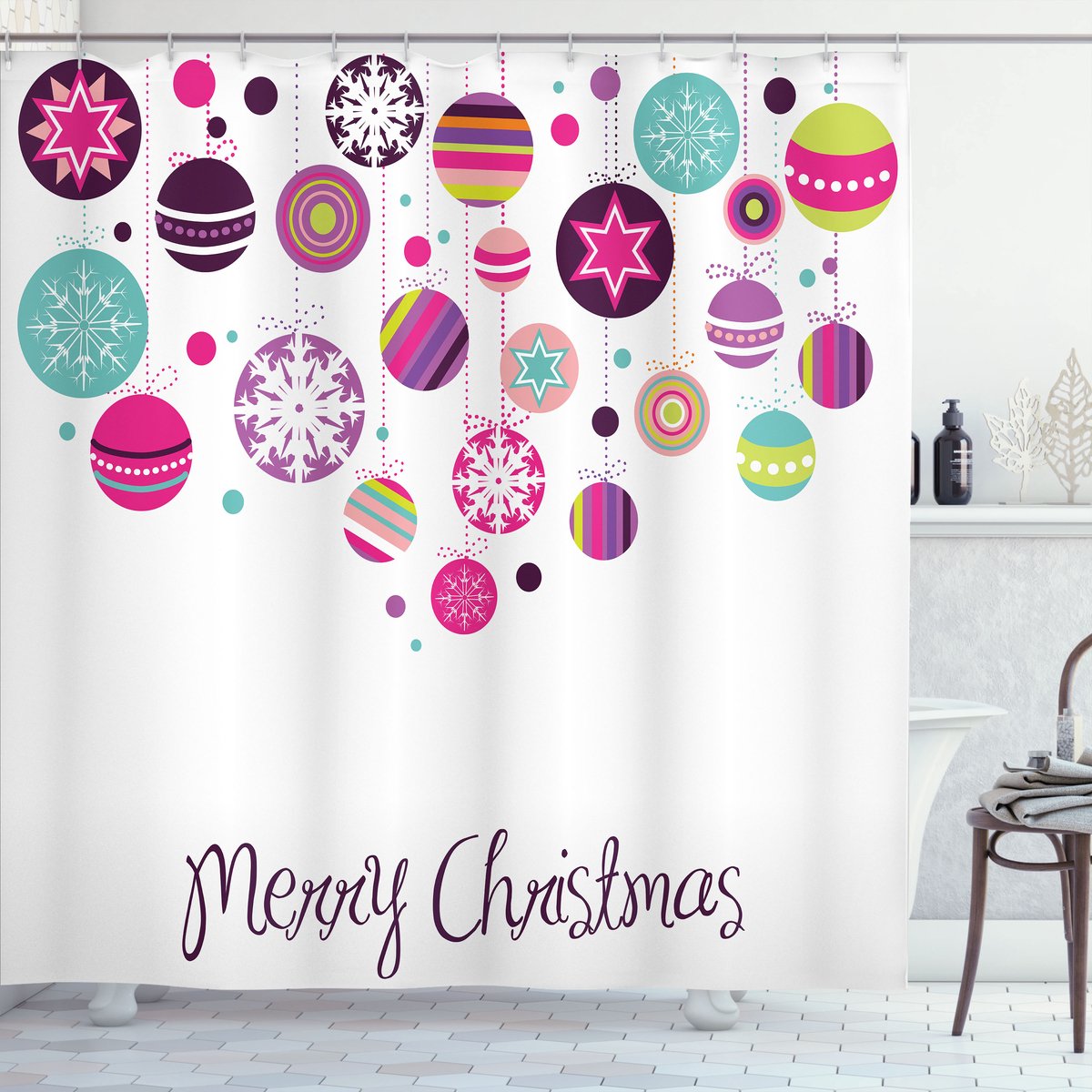 ABAKUHAUS Kerstmis Douchegordijn, Retro Grafiek-Glitter, Stoffen Badkamerdecoratieset met Haken, 175 x 200 cm, Meerkleurig