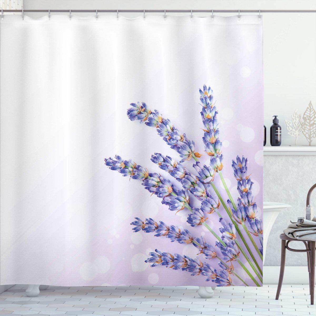 ABAKUHAUS Lavendel Douchegordijn, Frisse Kräuter Plant Posy, Stoffen Badkamerdecoratieset met Haken, 175 x 200 cm, Lavendel