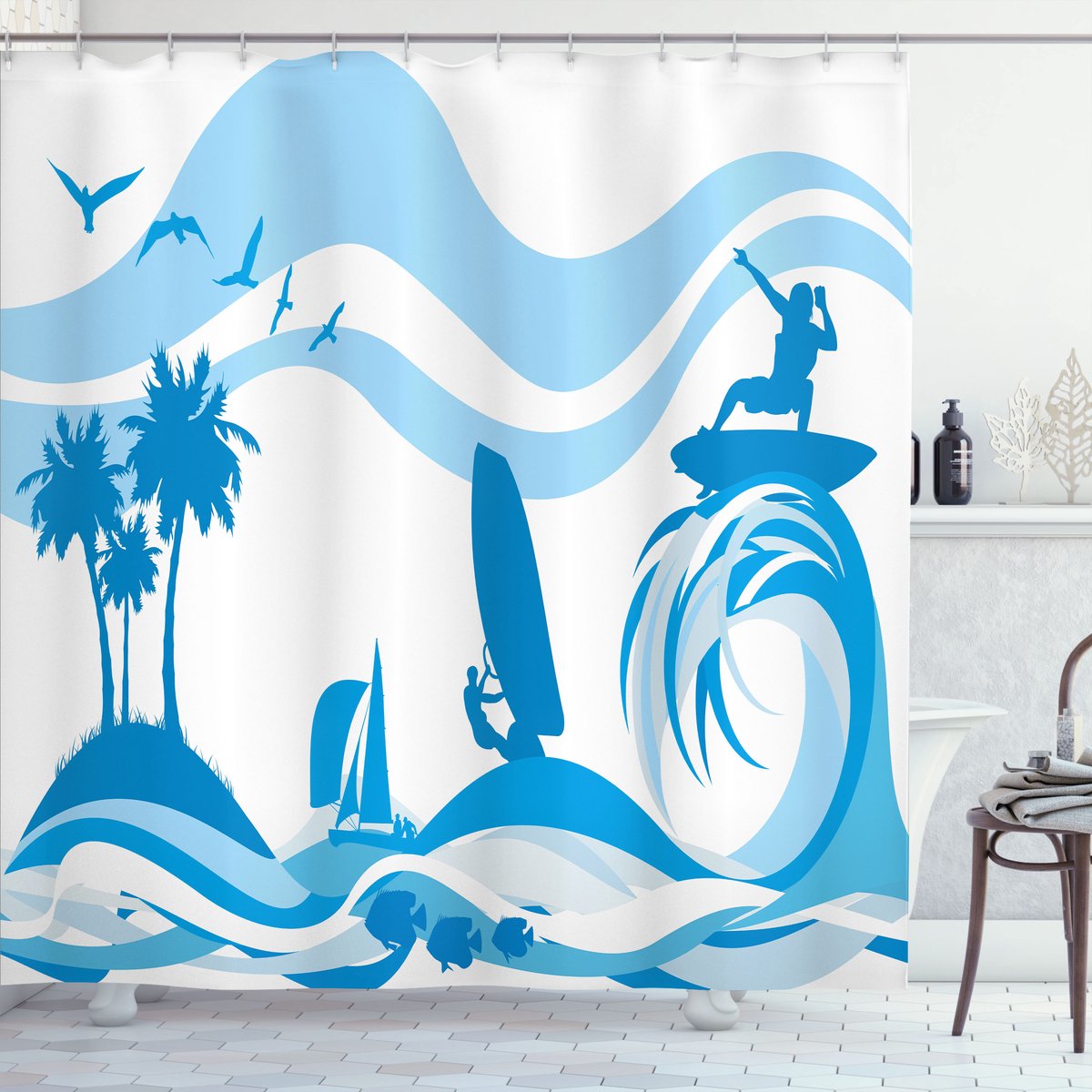 ABAKUHAUS Water Douchegordijn, Surfer Golven Zomer, Stoffen Badkamerdecoratieset met Haken, 175 x 180 cm, Blauw Lichtblauw