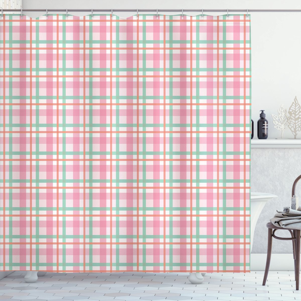 ABAKUHAUS Abstract Douchegordijn, Pastellfarbe Checkered, Stoffen Badkamerdecoratieset met Haken, 175 x 180 cm, Mintgroen Salmon Licht Roze