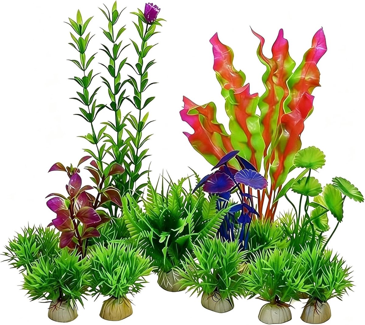 16 kunstmatige waterplanten, 4 maten voor aquariums, kleine kunstmatige plastic plantjes, decoratieve accessoires voor aquariums, voor thuis, kantoor en hotel