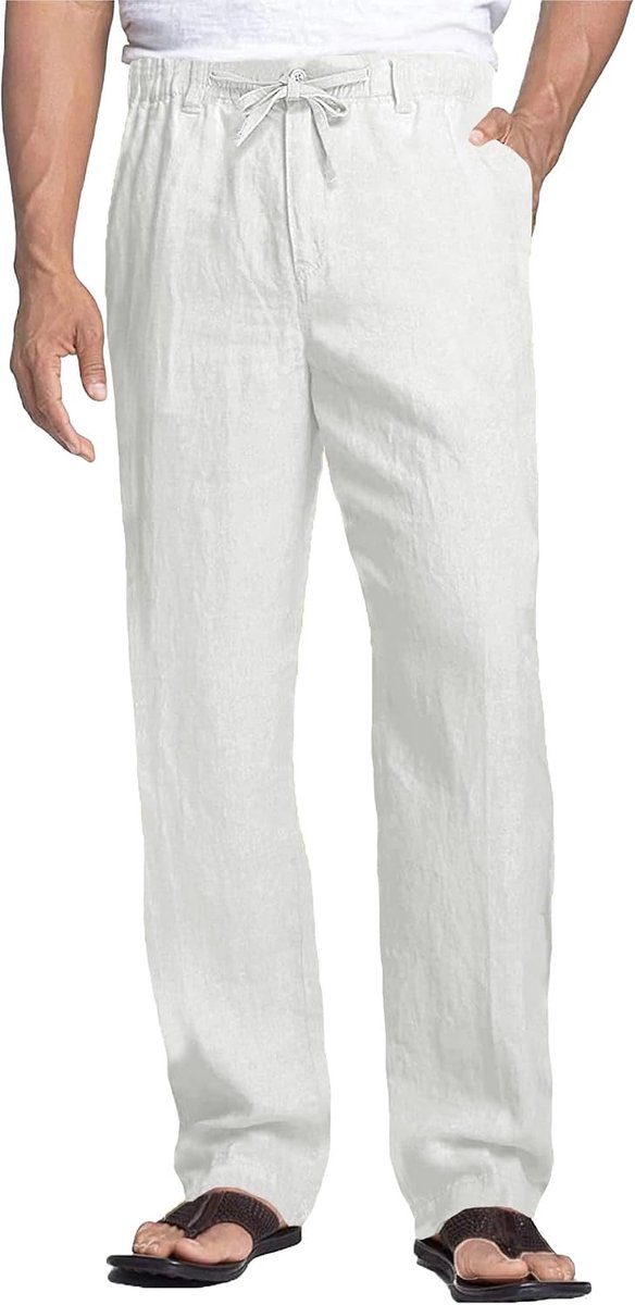 Heren Linnen Broek Lichtgewicht, Zomerbroek Casual, Strandbroek met Trekkoord en Zakken voor Vakantie