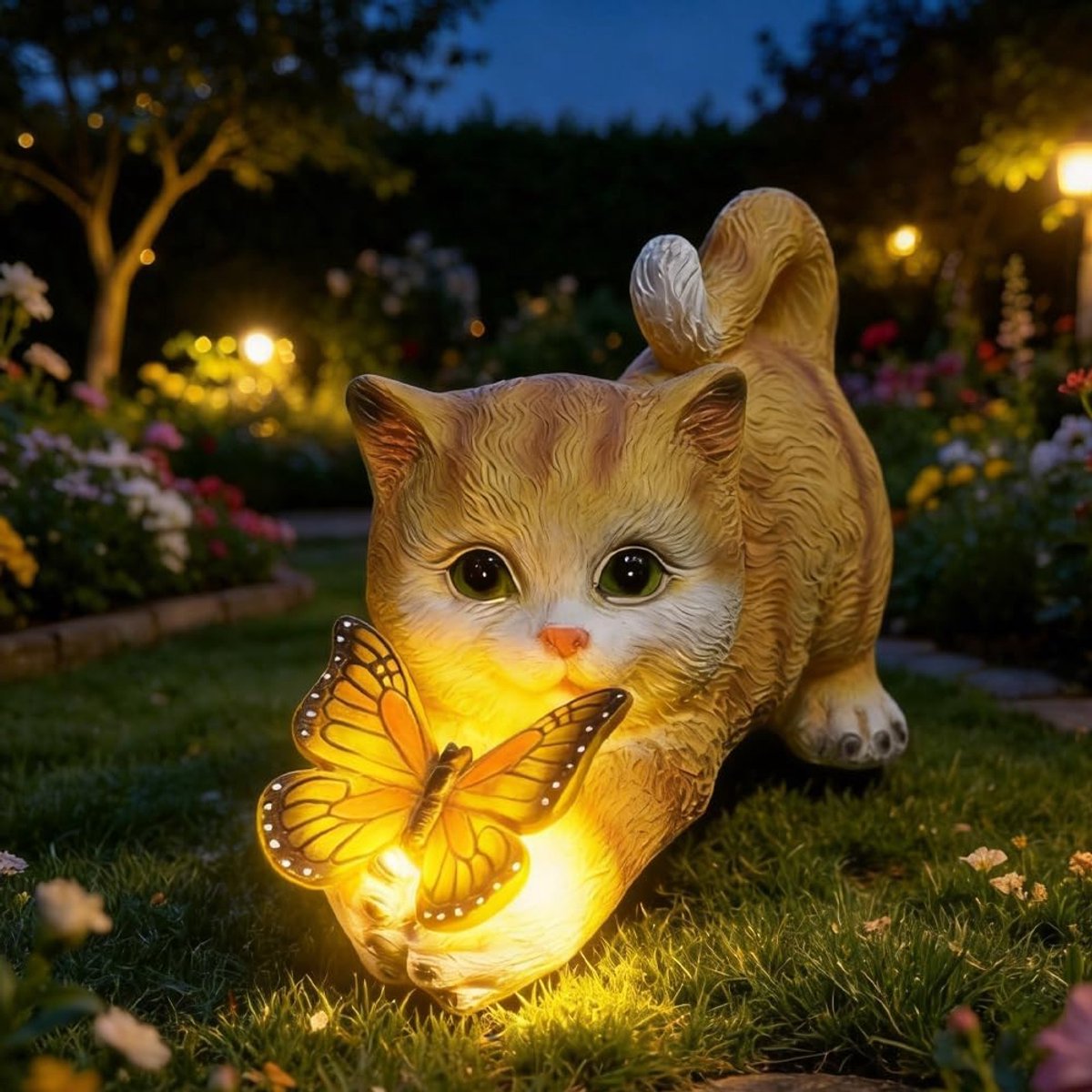 kat, kattenfiguur, tuindecoratie, grappige kattenfiguren, decoratie met vlinders, led-zonnelampen, tuinsculpturen, hars, kattenbeeld voor terras, binnenplaats, veranda, gazon, tuin