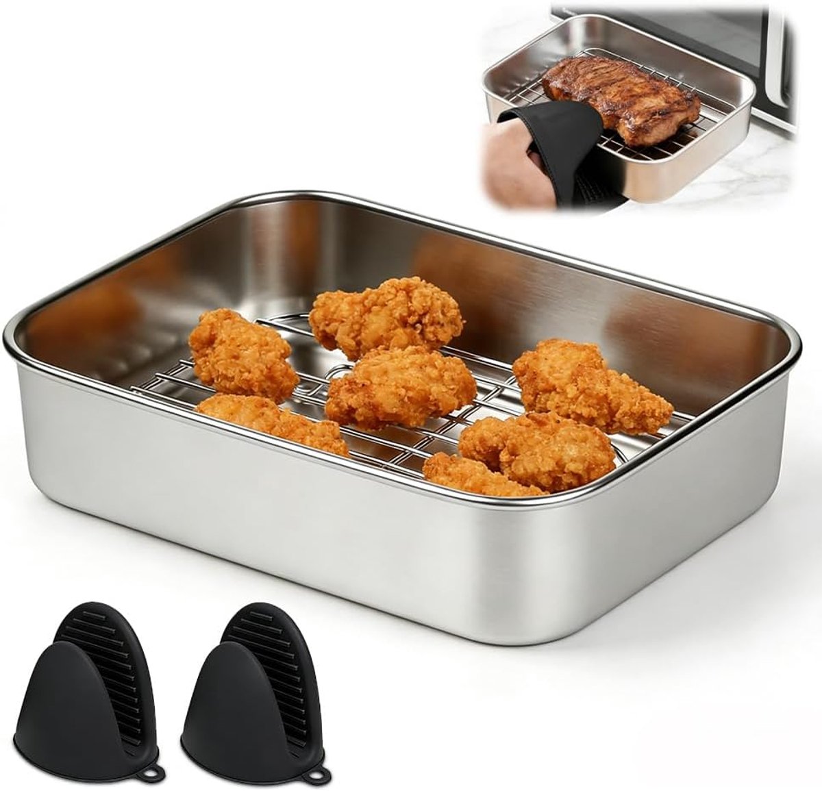 Braadpan met zeef, ovenschaal, airfryer, roestvrijstalen braadpan voor luchtfriteuse, met lekzeef, afdichtingsdeksel en hittebestendige handgrepen, veelzijdige accessoires voor heteluchtfriteuse