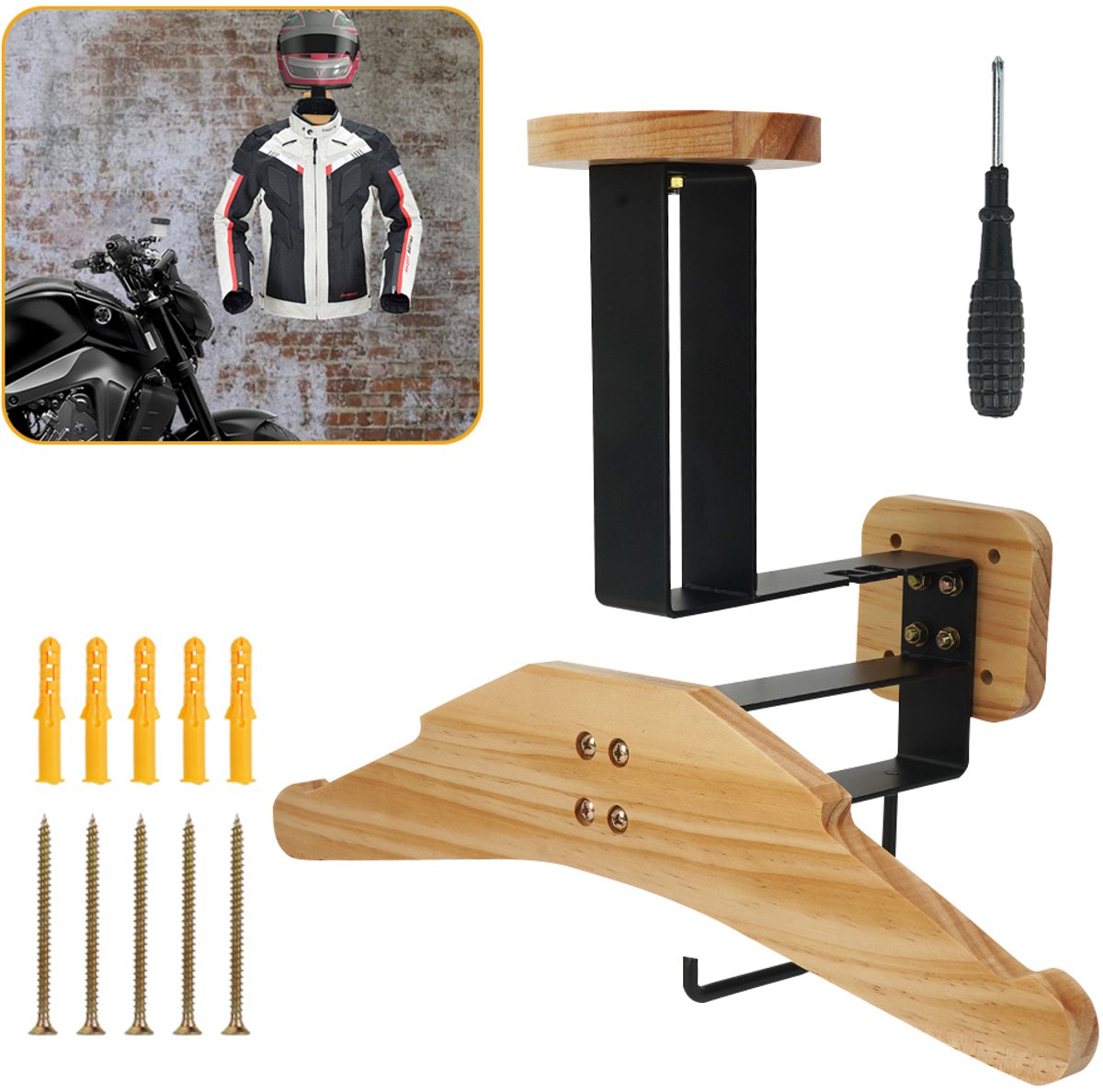Helmhouder - Motorhelm Standaard Muurbevestiging - Helmstandaard - Met Gear Kledinghanger Sleutelhaak