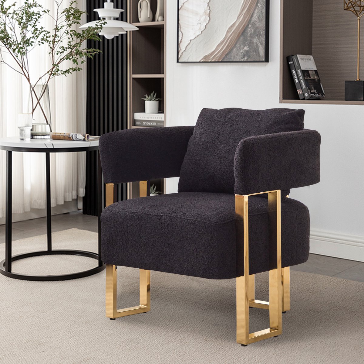 DESMIU Fauteuil - Zwart Fluweel met Metalen Frame en Armleuningen - Voor Woonkamer Slaapkamer of Balkon - 66x62x68 Cm