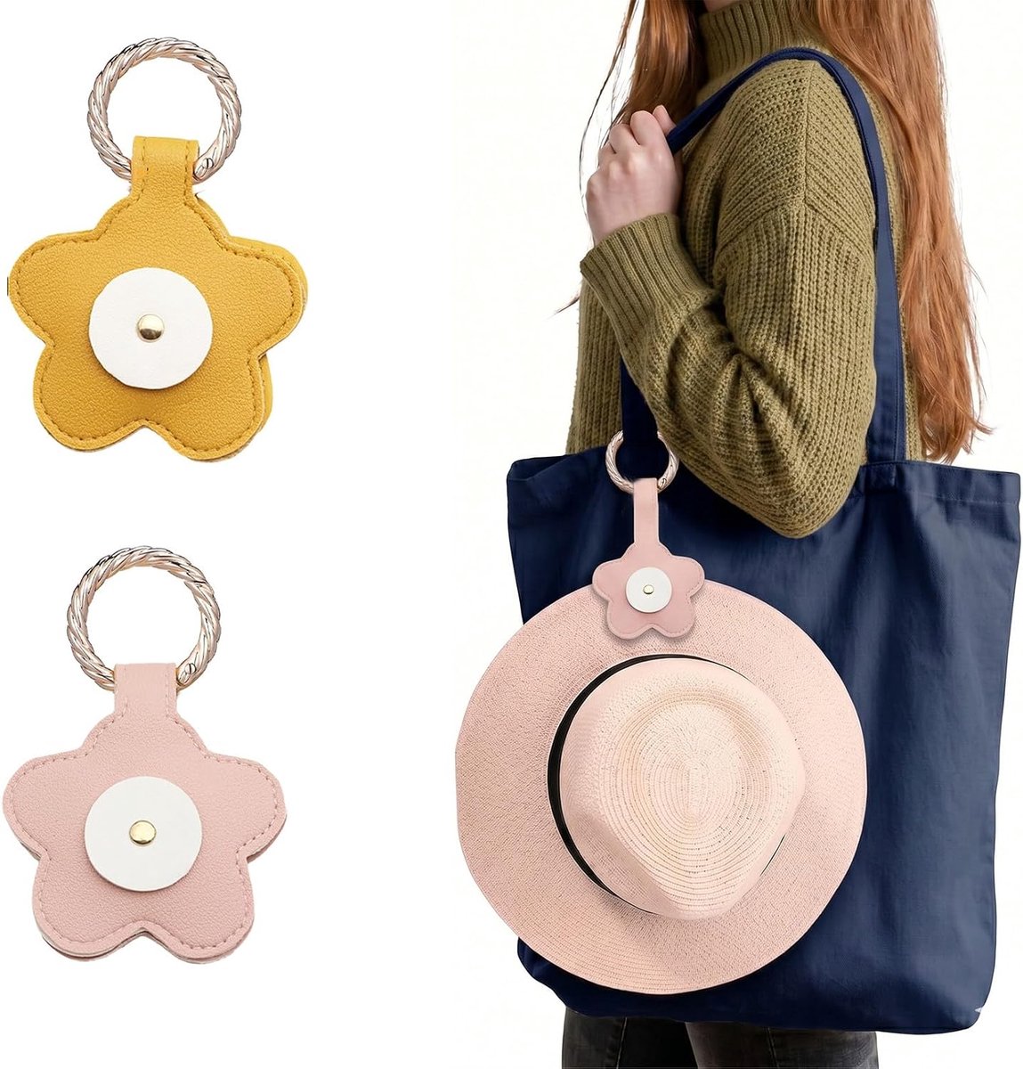 Set van 2 magnetische hoedclips, magnetische hoedhouder, bloemendesign, van leer, hoedclip voor reistas, praktische accessoires voor bril en handdoeken, geel en roze