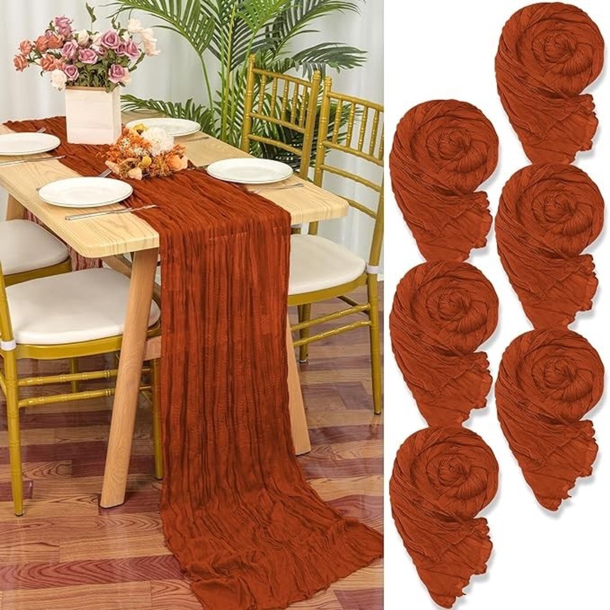 Livatto 6-delige kaasdoek tafelloper set, terracotta, 55 x 300 cm, rustieke boho stijl