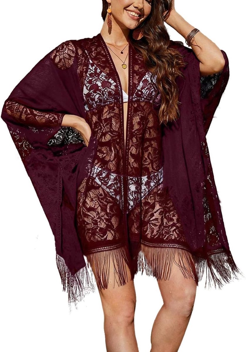 Cover Up voor dames sexy elegante kanten kimono strandponcho gehaakt open voorkant badpak strand lange kimono cover ups badkleding kant doorschijnend bloemen kimono vesten