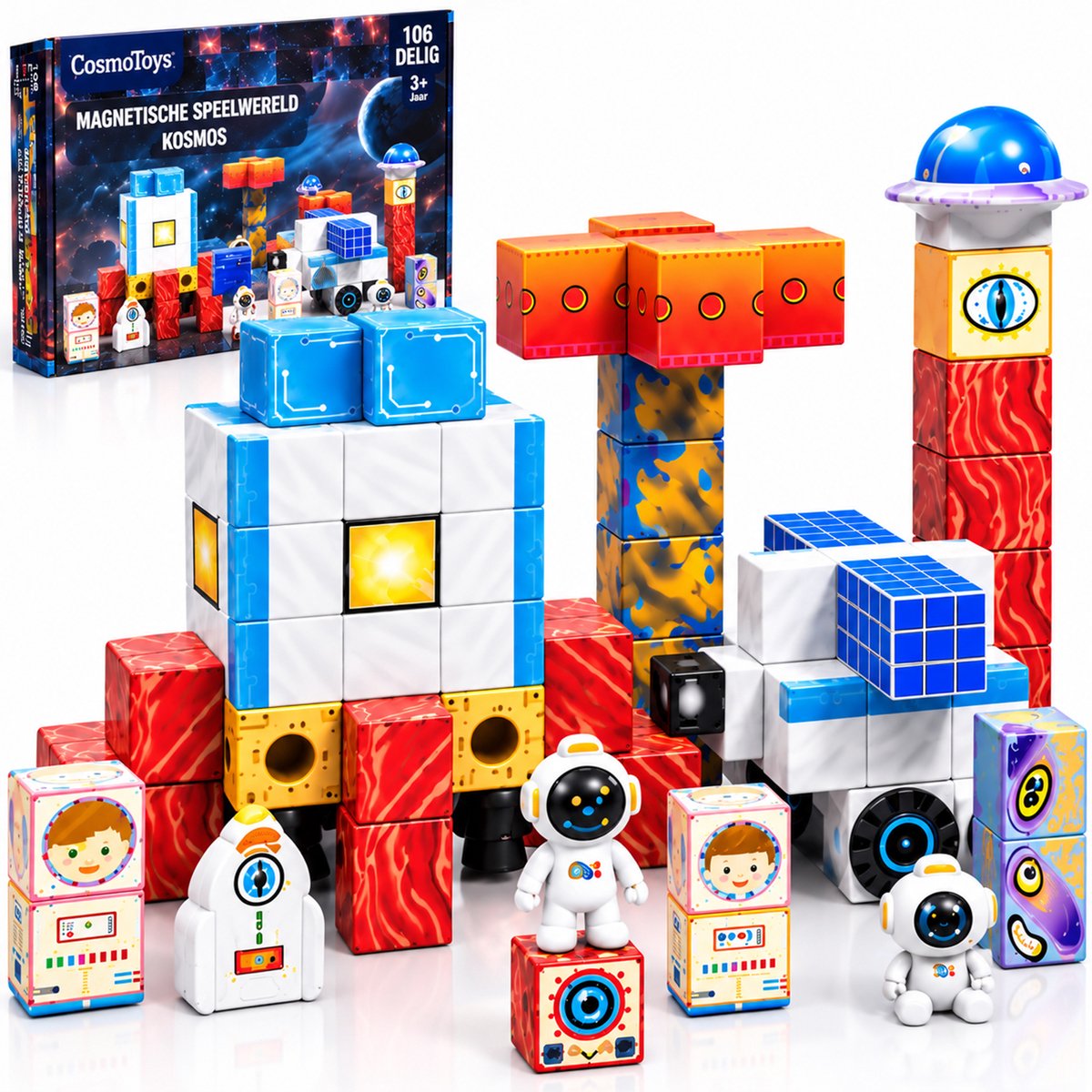 CosmoToys Magnetic Tiles - 106 Stuks - Magnetische Blokken en Magnetisch Speelgoed - Magneten, Tegels en Bouwstenen - Space