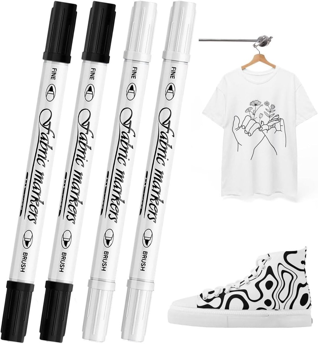4 stuks textielmarkers, wasmachinebestendig, voor jongens en meisjes, permanente stofkleuren, stoffen tas, hoeden, boodschappentas, canvas schoenen, doe-het-zelf, wit/zwart