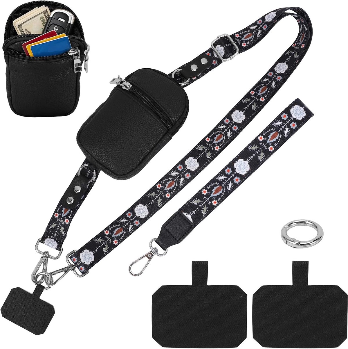 telefoonband, verstelbaar koord met tas en 2 patches, schouderriem en polsband voor smartphone, reizen, winkelen, dagelijks gebruik