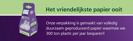 Philips Avent Natural zuigfles speen verpakking met "Het vriendelijkste papier ooit" tekst.