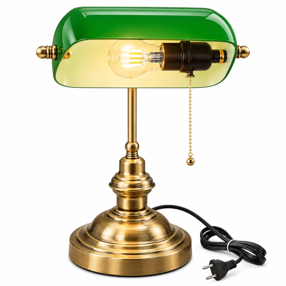 Veya Bureaulamp - Bankierslamp - Tafellamp - Bureaulamp led - Groen glazen kap - Vintage - Trekkoord - Klassiek - 41 cm hoog