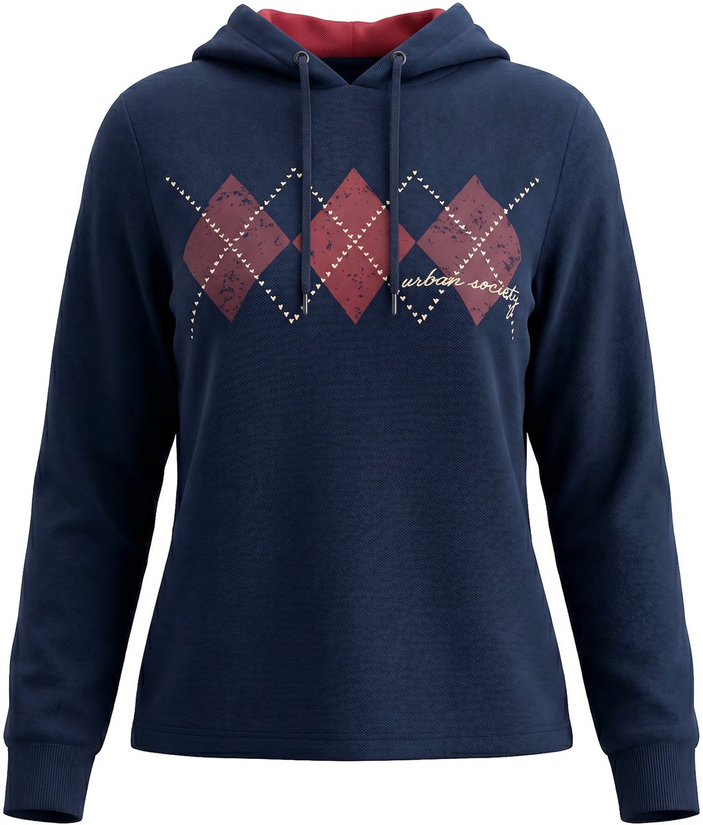 Ulla Popken - Dames - Hoodie ruitjes borduursel capuchon lange mouwen - Marine - Maat 54+