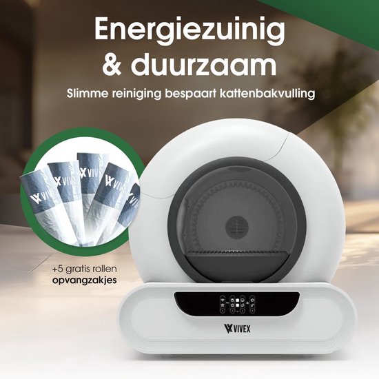 Een witte, zelfreinigende kattenbak met de tekst 'Energiezuinig & duurzaam' en '+5 gratis rollen opvangzakjes'.