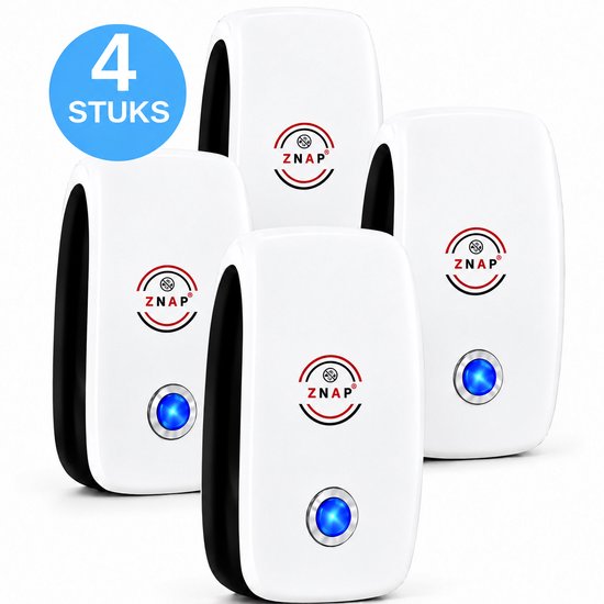 Vier witte ZnaP ultrasone verjagers met zwarte zijkanten en een blauw lampje, met "4 STUKS" in een blauwe cirkel.