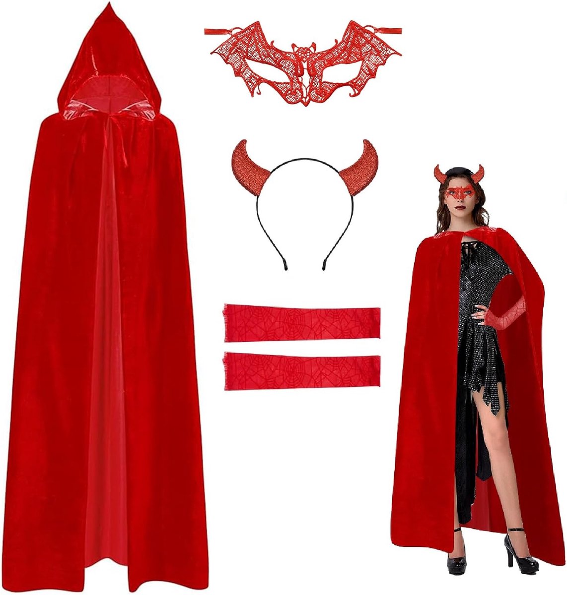 Halloween kostuum set Halloween vrouwen duivel vampier kostuum set met premium accessoires cape voor verkleedpartijen