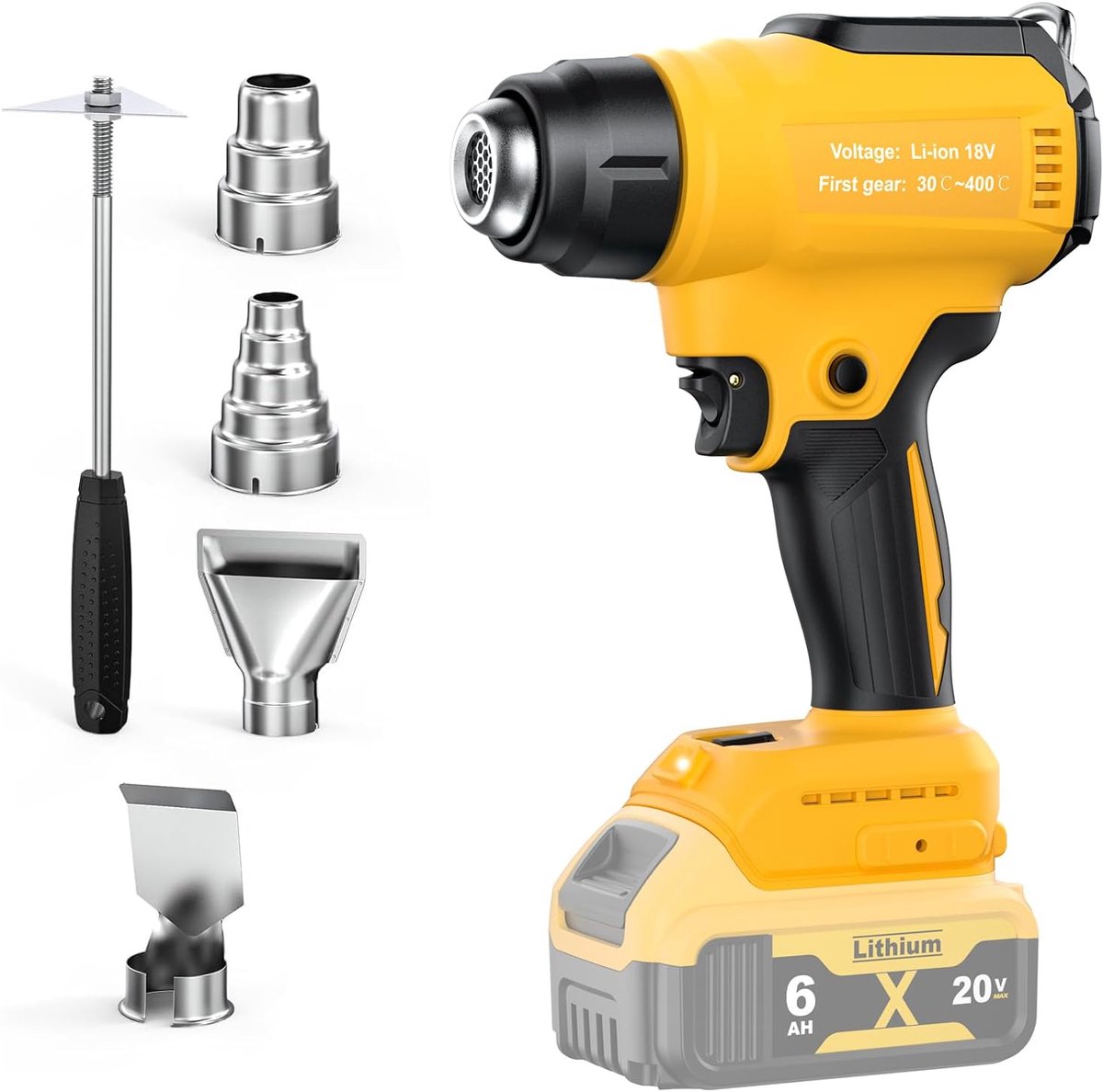 Heteluchtpistool voor Dewalt 20V accu (zonder accu). Heteluchtpistool voor lassen, buisbuigen, verfverwijdering, heteluchtpistool met 4 mondstukken.